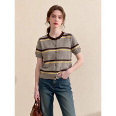 批发咖色美拉德<b class='q'>条纹</b>撞色圆领短袖针织开衫女2026夏季软糯宽松显瘦上衣