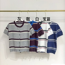 批发圆领<b class='q'>条纹</b>短袖针织开衫<b class='q'>T</b><b class='q'>恤</b>外穿2026春夏新款宽松高级感上衣女