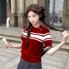 批发法式复古<b class='q'>条纹</b>针织polo衫<b class='q'>T</b><b class='q'>恤</b>女夏季设计感短袖学院风纽扣上衣ins潮