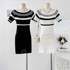 批发法式复古撞色<b class='q'>条纹</b>针织短袖<b class='q'>连衣裙</b>女秋季2025辣妹修身显瘦包臀裙潮