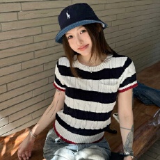 批发撞色<b class='q'>条纹</b>贴袋圆领短袖针织衫女春季休闲风修身显瘦套头上衣