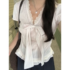 批发原版优质面料 有拉链 蝴蝶结条纹<b class='q'>衬衣</b>女装<b class='q'>夏季</b>小众别致衬