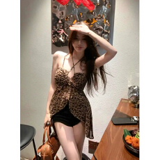 已出货 带胸垫 豹纹复古性感挂脖背心女辣妹夏季收腰抹胸不规则上