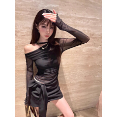 已出货 辣妹网纱透视长袖T恤打底衫女内搭带胸垫抹胸内衣