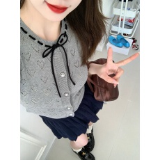 批发设计感短款上衣小个子薄镂空夏季短袖针织<b class='q'>开衫</b><b class='q'>女</b>蝴蝶结泡泡袖t恤