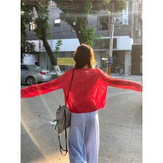 批发红色冰丝防晒<b class='q'>开衫</b><b class='q'>女</b>夏季薄款外搭针织外套后背蝴蝶结刺绣空调上衣