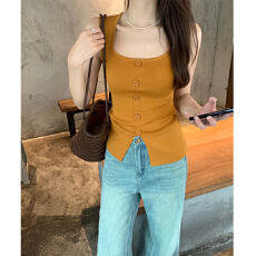 批发纯欲显瘦方领遮副乳针织背心<b class='q'>女</b>夏季洋气卡腰小衫开叉无袖吊带上衣