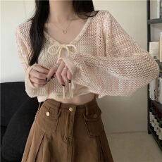 批发v领短款针织防晒<b class='q'>开衫</b><b class='q'>女</b>夏季新款披肩外搭薄款镂空小罩衫外套上衣