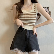 批发宽肩带冰丝条纹吊带小背心女夏<b class='q'>新款</b>内搭外穿短款方领无袖薄款上衣