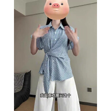 批发已出货 高品质韩系蓝色格子蝴蝶结绑带polo领短袖<b class='q'>衬衫</b>女夏季<b class='q'>修身</b>