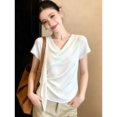 批发已出货 温柔风白色荡领褶皱短袖<b class='q'>衬衫</b>女2026新款夏季<b class='q'>修身</b>显瘦休闲