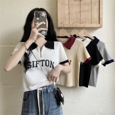 批发正肩短袖针织<b class='q'>T</b><b class='q'>恤</b>女夏季小众设计感<b class='q'>印花</b>Polo领体恤百搭显瘦上衣服