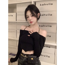 批发黑色长袖链条挂脖<b class='q'>T</b><b class='q'>恤</b>女夏季辣妹一字肩性感露背修身显瘦短款上衣