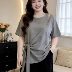 批发200斤大码女装<b class='q'>胖</b><b class='q'>MM</b>夏季新款绑带短袖T恤上衣