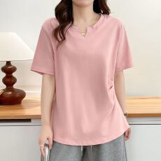 批发200斤大码女装<b class='q'>胖</b><b class='q'>MM</b>夏季新款褶皱V领短袖T恤上衣