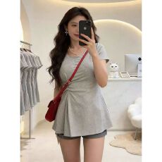 批发200斤大码女装<b class='q'>胖</b><b class='q'>MM</b>夏季褶皱收腰短袖T恤上衣
