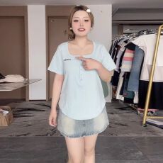 批发200斤大码女装<b class='q'>胖</b><b class='q'>MM</b>夏季新款纽扣短袖T恤上衣