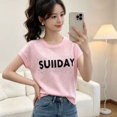 批发夏季新款<b class='q'>韩</b>版竹节麻时尚圆领字母印花烫钻宽松套头短袖百搭上衣