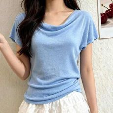 批发<b class='q'>韩</b>系荡领针织衫短袖女装2026夏季新款慵懒感宽松显瘦斜肩杏色上衣
