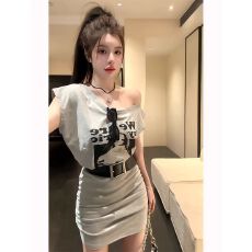 批发辣妹风字母印花斜肩短袖T恤连衣裙女夏季小众收腰显瘦包臀<b class='q'>短裙</b>ins