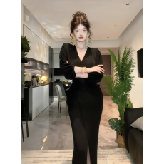 批发已出货 纯欲辣妹V领<b class='q'>蓬蓬</b>袖开叉<b class='q'>连衣裙</b>女夏季新款修身显瘦包臀长裙