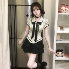 批发已出货 学院风蝴蝶结短袖收腰衬衫上衣女高腰<b class='q'>蓬蓬</b>蛋糕裙俩件套装