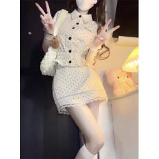 批发已出货 学院风波点套装女夏季甜美短款<b class='q'>翻领</b>娃娃衫高腰短裙两件套