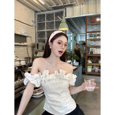 批发一字肩提花小衫女夏季设计感花边收腰修身短款上衣
