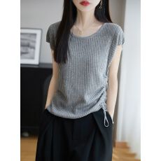 批发甜美气质侧抽绳圆领针织短袖2026夏季新款减龄上衣女