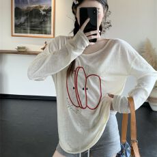 批发美式复古罩衫苹果刺绣<b class='q'>长袖</b><b class='q'>t</b><b class='q'>恤</b>女<b class='q'>宽松</b>防晒慵懒风上衣