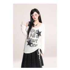 批发亚风字母印花斜肩<b class='q'>长袖</b><b class='q'>T</b><b class='q'>恤</b>女2026春季y2k波点星星<b class='q'>宽松</b>上衣
