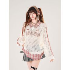 批发微透轻薄罩衫格子拼接<b class='q'>长袖</b><b class='q'>T</b><b class='q'>恤</b>女2025新款<b class='q'>宽松</b>翻领上衣ins潮