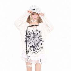 批发橘子酱YO亚文化古早味卡通印花<b class='q'>长袖</b><b class='q'>T</b><b class='q'>恤</b>女早秋<b class='q'>宽松</b>慵懒风斜肩上衣