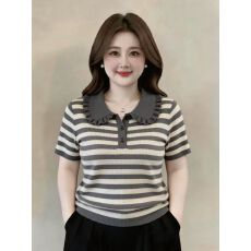 批发80-200斤内可穿<b class='q'>大码</b>女装S-XXXL针织娃娃领木耳边撞色条纹百搭上衣