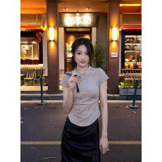 批发新中式盘扣复古短袖晕染设计感夏季<b class='q'>中国风</b>上衣女