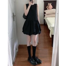 批发韩系黑色无袖背心<b class='q'>连衣裙</b>女夏季温柔风气质裙子小个子宽松<b class='q'>花苞</b>短裙