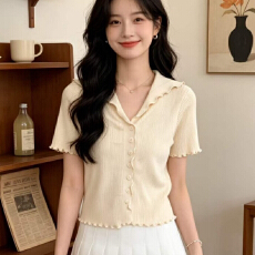 批发已出货2026年夏季新款设计感韩系翻V领木耳边设计感短袖<b class='q'>开衫</b>
