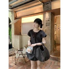 批发已出货 甜美泡泡袖<b class='q'>花苞</b><b class='q'>连衣裙</b>女夏季格子木耳边短裙小个子娃娃裙