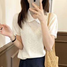 批发小清新韩系娃娃领短袖<b class='q'>针织衫</b>女新款甜美减龄针织上衣