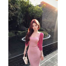 批发粉色针织吊带<b class='q'>连衣裙</b>女夏收腰中长款纯欲修身包臀裙子