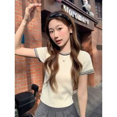批发撞色修身针织短袖t恤女夏季显瘦短款<b class='q'>上衣</b>