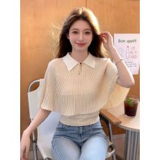 批发绝美气质上衣女夏季新款设计感温柔风修身斗篷短袖<b class='q'>针织衫</b>
