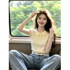 批发学院风娃娃领短袖<b class='q'>针织衫</b>女夏季新款正肩气质显瘦<b class='q'>短款</b>上衣