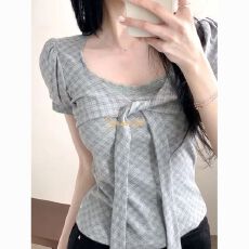 批发夏季新款韩系蕾丝花边格纹蝴蝶结正肩<b class='q'>孕妇</b><b class='q'>t</b><b class='q'>恤</b>女显瘦设计收腰上衣