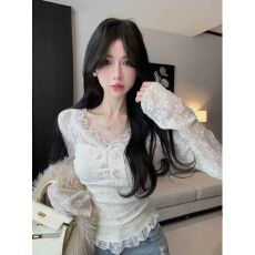 批发已出货 早春纯欲风蕾丝<b class='q'>长袖</b>带胸垫上衣女新款蝴蝶结修身显瘦内搭