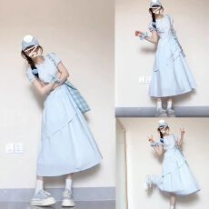 批发韩系温柔风蓝色泡泡袖连衣裙女夏季2026新款抽绳收腰<b class='q'>中长款</b>蛋糕裙