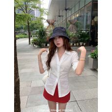 批发棉麻竹节老钱风收腰<b class='q'>衬衣</b>女夏中长款白色中袖翻领小众百搭<b class='q'>T</b><b class='q'>恤</b>上衣