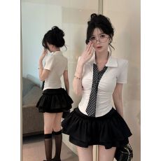 批发学院风格子拼接假两件翻领<b class='q'>短</b>袖T恤女纯欲V领修身上衣