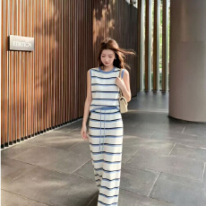 批发已出货韩系休闲条纹套装女2026 新款宽松显瘦无袖上衣直筒半