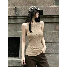 批发已出货 美式复古辣妹风卡其色独特针织背心女<b class='q'>春</b>夏无袖收腰显曲线